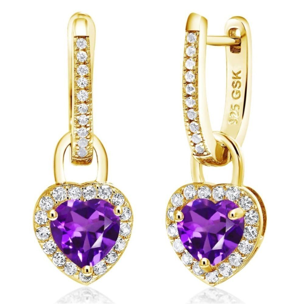 18K Yellow Gold 925 with 2.10 Cttw Amethyst and White Sapphire Heart Earrings